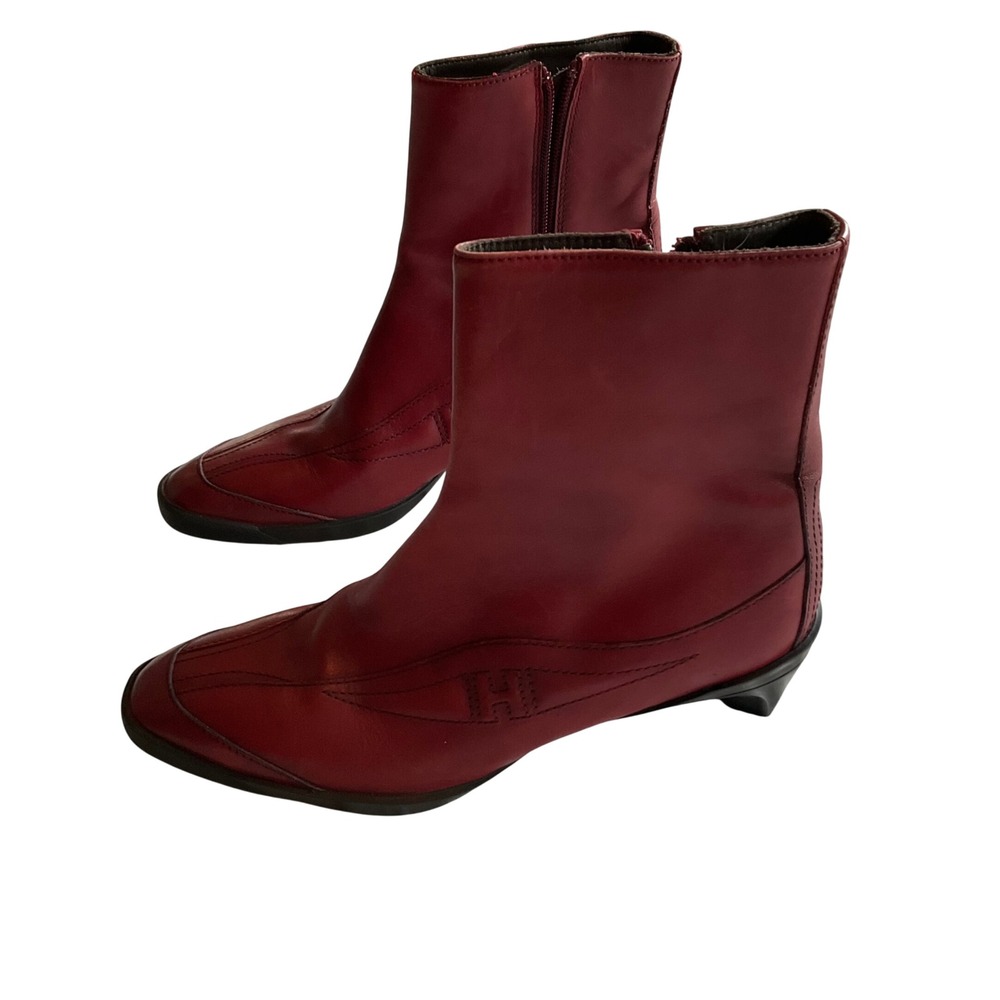 Hogan Ankle Boots 38 Red Leather Architectural Kitten Heel Made in Italy